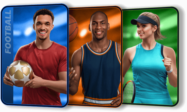 Collage de deportes populares en Boomerang Bet: fútbol, baloncesto y tenis